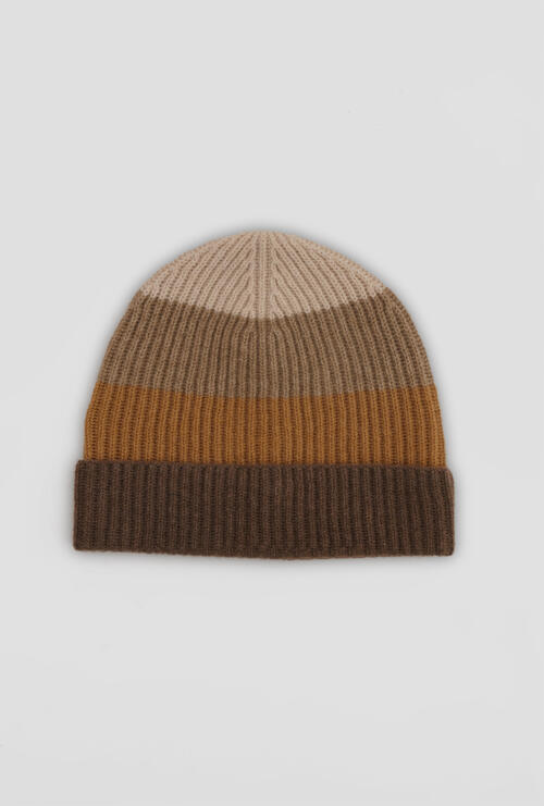 Cappello rigato in puro Cashmere Cammello