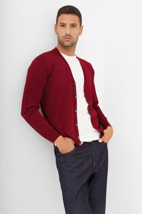 Cardigan in pura lana pettinata Bordeaux
