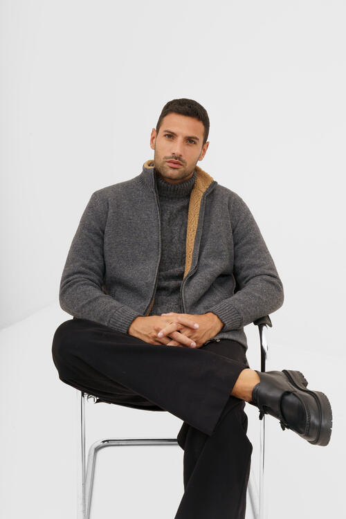 Giubbino in maglia con eco-pelliccia bouclè Antracite